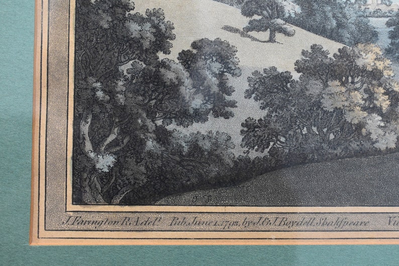 May include: A black and white engraving of a landscape with trees and a hill. The engraving is titled "J. Farrington R.A. delt. Pub. June 1. 1795, by J.&J. Boydell Shakespeare Gallery."