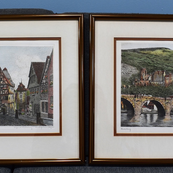 Zwei Original Farbradierungen mit Passepartout und Titel „Plönlein“ (Rothenburg Turm) und Heidelberg vom Künstler Ernst Geissendorfer