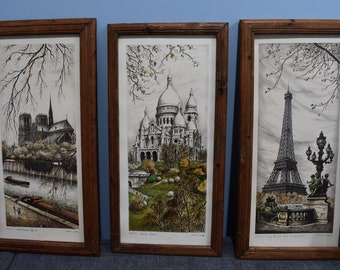 Set of 3 Vintage Framed Parisian Prints by Spanish Painter and Illustrator Ortiz Alfau