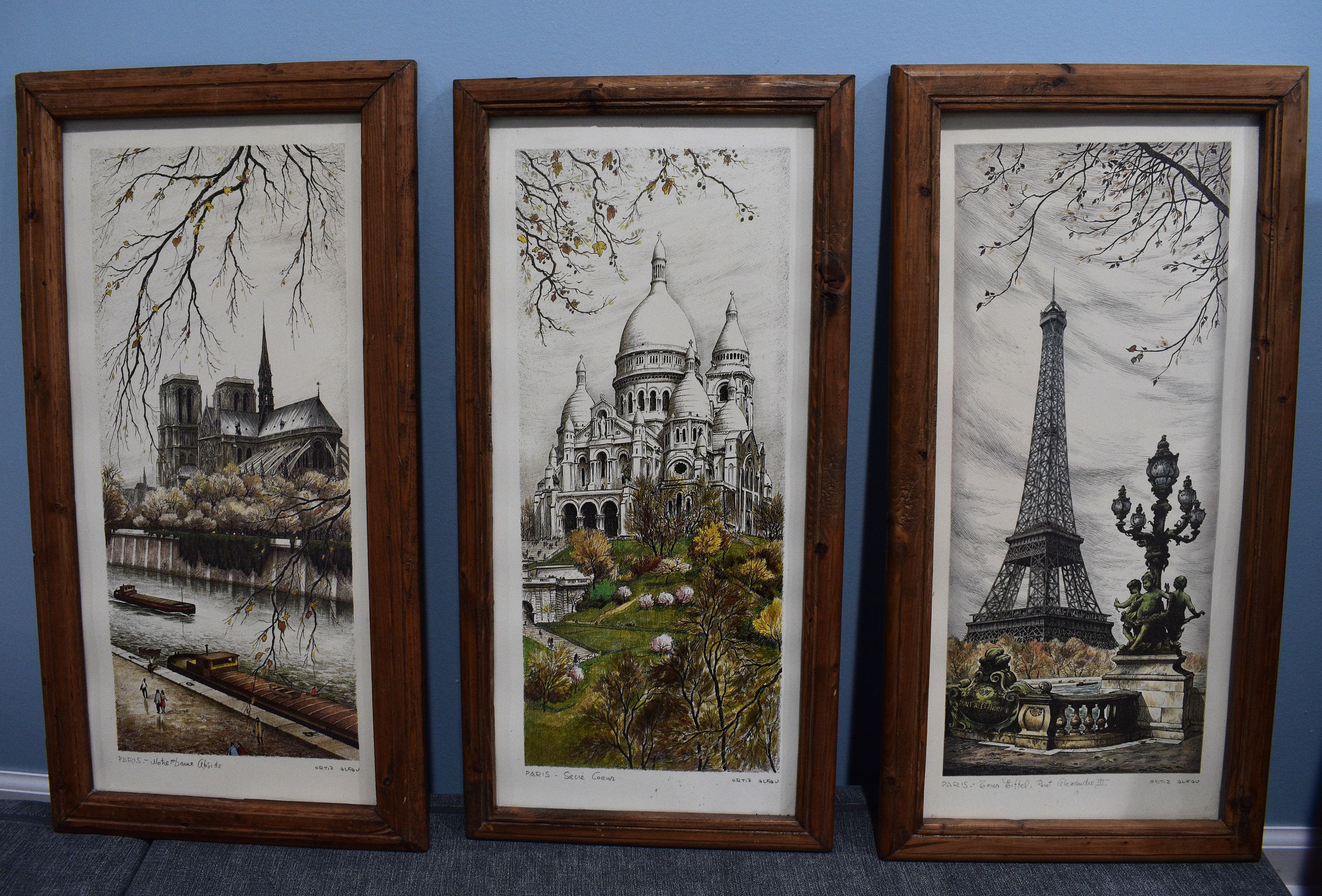 Set of 3 Vintage Framed Parisian Prints by Spanish Painter and