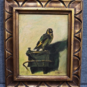 Framed Oil Painting on Canvas After Duch Painter Carel Fabritius' "The Goldfinch" Signed Lahmann