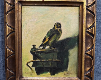 Framed Oil Painting on Canvas After Duch Painter Carel Fabritius' "The Goldfinch" Signed Lahmann