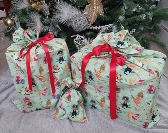 Reusable cotton Christmas gift bag - Cat pattern