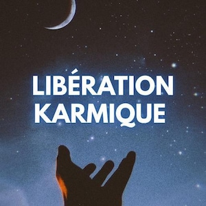 Peut inclure: Couverture de livre avec un fond bleu foncé et noir, représentant un croissant de lune et des étoiles. Le titre "LIBÉRATION KARMIQUE" est en grandes lettres blanches. L'auteur est "Francine Ricomes".