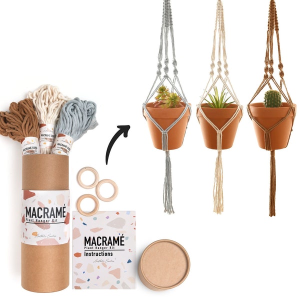 Macrame Kit, Makes 3 DIY Plant Hangers for Teens and Adult Beginners, Craft Supplies Boho Art Project-3 Color Cord, Rings and Instructions