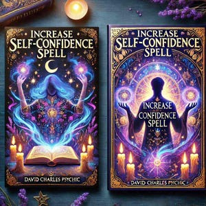 Puede incluir: Se muestran dos libros con el título "INCREASE SELF-CONFIDENCE SPELL". Las portadas presentan ilustraciones místicas con colores vibrantes, incluyendo una figura con cabello azul y una luna creciente. También es visible el nombre del autor, "DAVID CHARLES PSYCHIC".