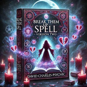 Puede incluir: Un libro titulado "Break Them Up Spell - Version Two" con una portada oscura que presenta a una mujer con un vestido rojo, corazones rotos y símbolos místicos. El libro está rodeado de velas rojas encendidas y una luna creciente en el fondo. El autor es "David Charles Psychic."