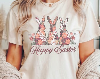 Bloemenhaas Paasshirt voor Dames, Retro Paashaas Shirt, Vintage Paasshirt, Bloemen Paasdag Shirt, Schattig Paashaas T-shirt