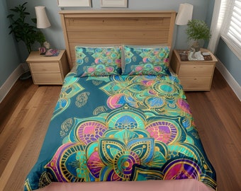 Ensemble de literie Boho Mandala coloré, draps de lit psychédéliques Boho imprimés, ensemble d’oreillers et de couvertures, housse de couette, cadeau de Noël pour chambre à coucher