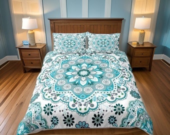 Ensemble de literie Mandala Turquoise blanc, ensemble 3 pièces draps de lit Boho, oreiller et couverture ensemble de housse de couette ethnique Boho, cadeau de Noël chambre