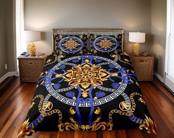 Schwarz / Blau / Gold Boho Mandala Bettwäsche Set, Gedruckte Boho Geometrische Bettwäsche, Kissen und Decke Set Bettbezug, Schlafzimmer Haus Geschenk