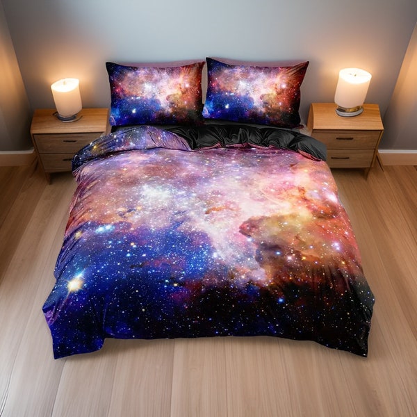 Set biancheria da letto Bright Galaxy Stars Space Universe, lenzuola in cotone stampato Supernova, set cuscino e coperta copripiumino, regalo per la camera da letto