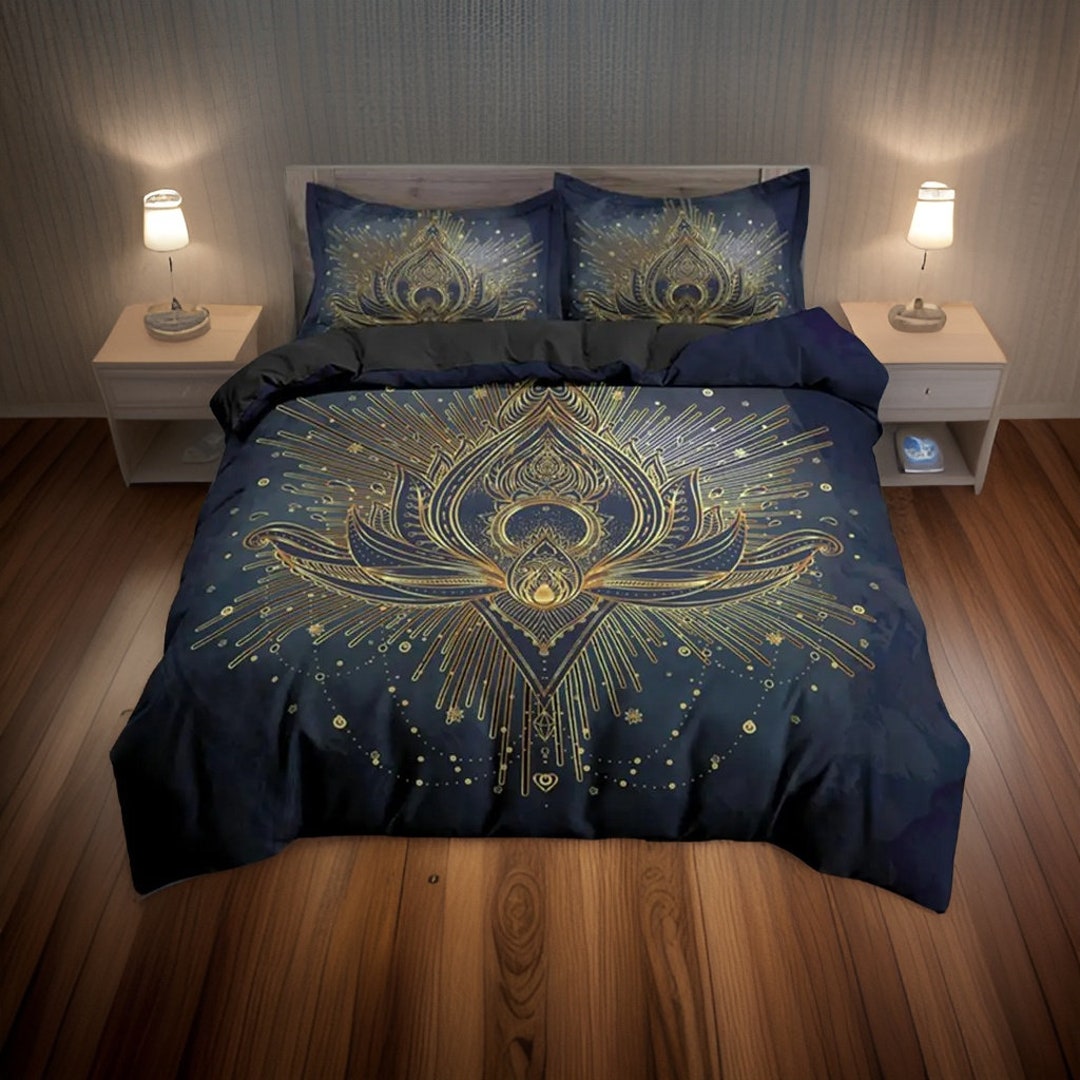 Navy Blue/purple Boho Lotus Flower Bedding Set, Printed Bohemian Psychedelic Bed Sheets, Pillow