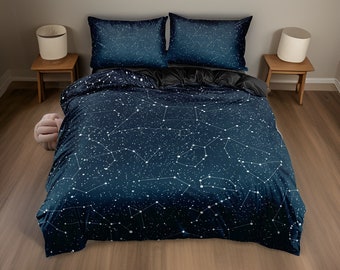 Stars Constellation Bedding Set, Night Sky Printed Cotton Black Blue Bed Sheets, Pillow and Blanket Set Duvet Cover, Bedroom Home Gift Set