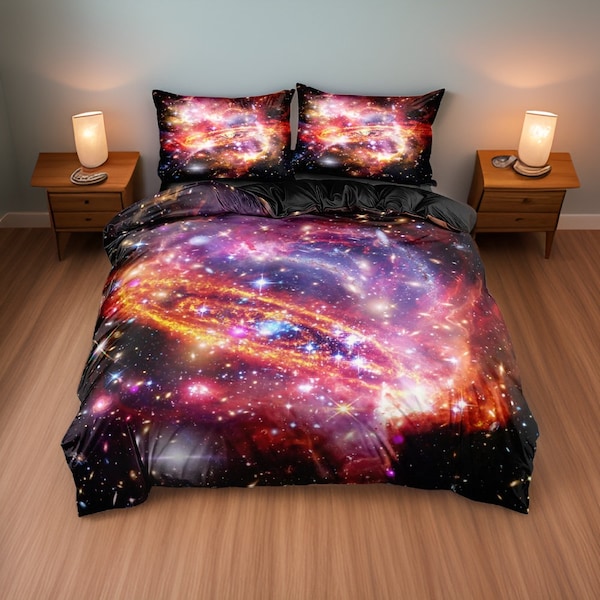 Set biancheria da letto Bright Galaxy Stars Space Universe, lenzuola in cotone stampato Supernova, set cuscino e coperta copripiumino, regalo per la camera da letto
