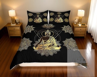 Schwarz Gold Buddha Hippie Leinen Mandala Lotus Bettwäsche Set, Gedruckt Boho Style Moderne Bettwäsche, Kissen und Decke Set Bettbezug, Geschenk