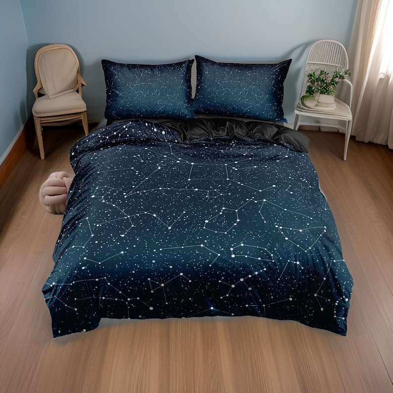Parure de lit constellation d'étoiles, draps en coton bleu noir imprimé ciel nocturne, ensemble oreiller et couverture housse de couette, ensemble cadeau pour chambre à coucher image 6