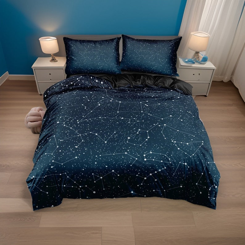 Parure de lit constellation d'étoiles, draps en coton bleu noir imprimé ciel nocturne, ensemble oreiller et couverture housse de couette, ensemble cadeau pour chambre à coucher image 3
