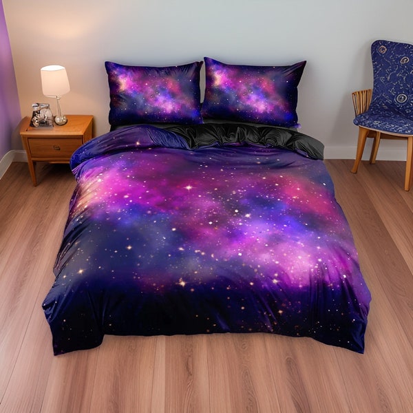 Lila Galaxy Universe Bettwäsche Set, bedruckte Baumwolle Supernova Bettwäsche, Kissen und Decke Set Bettbezug, Schlafzimmer Haus Geschenk 3-teiliges Set