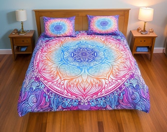 Ensemble de literie coloré Boho Mandala, draps de lit psychédéliques Boho imprimés, ensemble d’oreillers et de couvertures, housse de couette, drap spirituel cadeau pour la maison