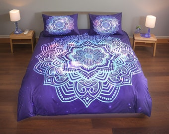 Ensemble de literie Boho Mandala bleu/violet, draps de lit psychédéliques Boho imprimés, ensemble d’oreillers et de couvertures, housse de couette, drap spirituel cadeau pour la maison