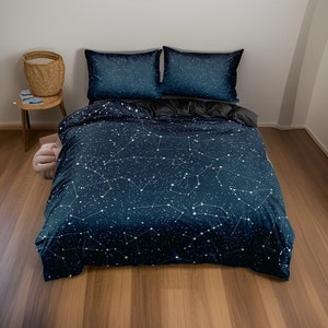 Parure de lit constellation d'étoiles, draps en coton bleu noir imprimé ciel nocturne, ensemble oreiller et couverture housse de couette, ensemble cadeau pour chambre à coucher image 2