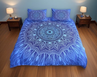 Parure de lit mandala bohème bleu/violet, draps psychédéliques boho spirituel imprimés, parure de lit oreiller et couverture, housse de couette, cadeau pour la maison