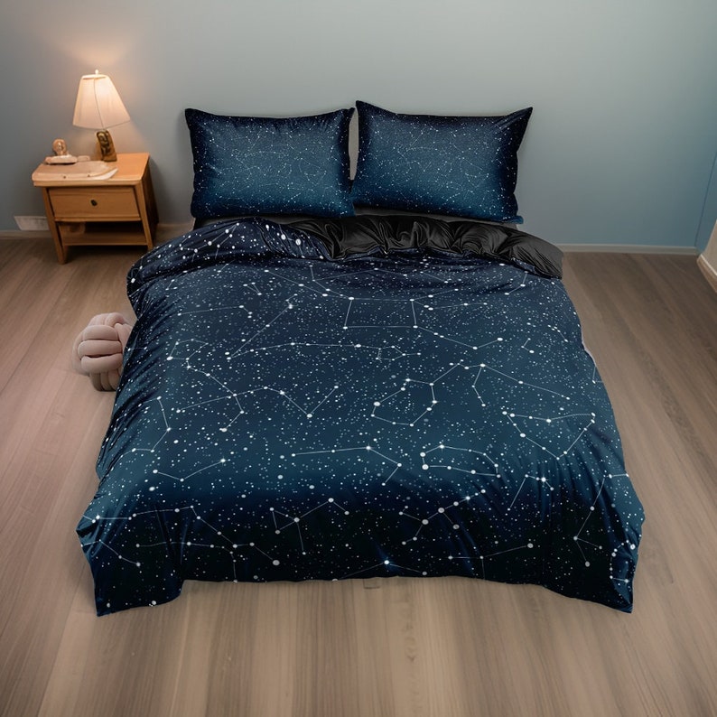 Parure de lit constellation d'étoiles, draps en coton bleu noir imprimé ciel nocturne, ensemble oreiller et couverture housse de couette, ensemble cadeau pour chambre à coucher image 4