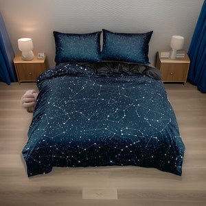 Parure de lit constellation d'étoiles, draps en coton bleu noir imprimé ciel nocturne, ensemble oreiller et couverture housse de couette, ensemble cadeau pour chambre à coucher image 5