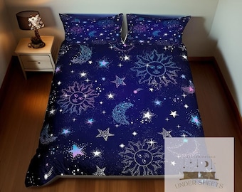 Ensemble 3 pièces lune bleue et étoiles, draps imprimés modernes ciel étoilé ciel nocturne, ensemble oreiller et couverture housse de couette, cadeau pour la maison