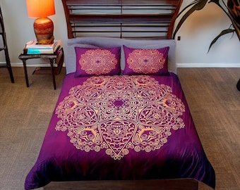 Hippie Leinen Mandala Bettwäsche Set, gedruckt Boho Stil ethnische psychedelische Bettwäsche, Kissen und Decke Set Bettbezug, Weihnachtsgeschenk