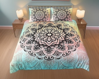 Parure de lit mandala bohème, draps psychédéliques hippie yogi boho imprimés, parure de lit oreiller et couverture, housse de couette, cadeau de Noël coloré