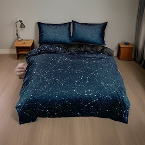 Parure de lit constellation d'étoiles, draps en coton bleu noir imprimé ciel nocturne, ensemble oreiller et couverture housse de couette, ensemble cadeau pour chambre à coucher image 8