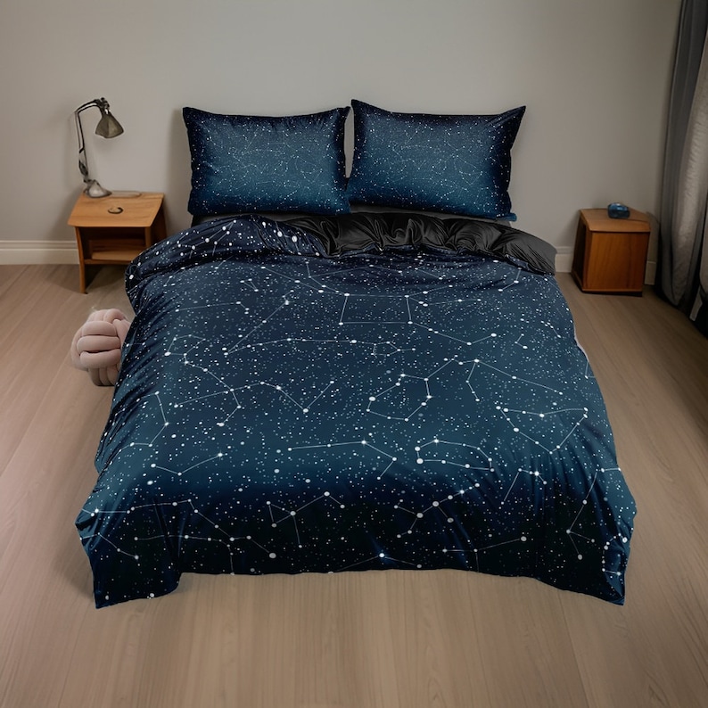 Parure de lit constellation d'étoiles, draps en coton bleu noir imprimé ciel nocturne, ensemble oreiller et couverture housse de couette, ensemble cadeau pour chambre à coucher image 8