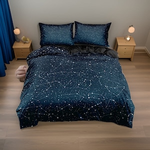 Parure de lit constellation d'étoiles, draps en coton bleu noir imprimé ciel nocturne, ensemble oreiller et couverture housse de couette, ensemble cadeau pour chambre à coucher image 7