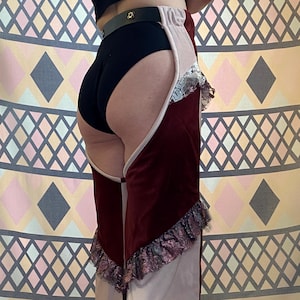 Luxurious plum and pink velvet chaps with lace ruffles