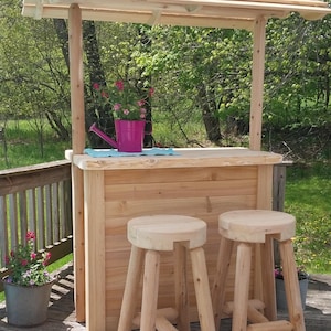 Outdoor hosting, Tiki bar with roof and stools, patiobar, outdoor furniture and table, mancave bar