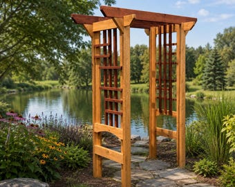 May include: A wooden garden arbor featuring a natural light brown finish with dark reddish-brown accents on the upper crossbeams and side lattice panels. The structure has four vertical posts and a top beam design with an open grid pattern.