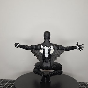 May include: A black action figure of a superhero with a white spider emblem on the back and a wing-like structure. The figure is in a crouching position with arms outstretched, set against a neutral background.