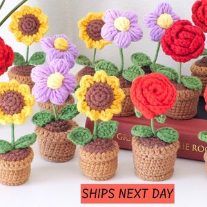 Gehäkelte Topfblumen: Sonnenblume, Rose, Gänseblümchen Schreibtisch Decor - Muttertag Kleines Geschenk