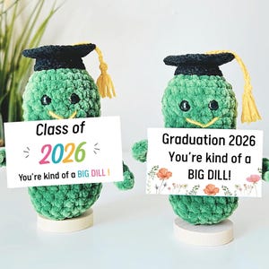 May include: Two green crocheted pickle figures wearing black graduation caps with yellow tassels. Each holds a white sign. The left sign reads Class of 2026 You're kind of a BIG DILL! The right sign reads Graduation 2026 You're kind of a BIG DILL!