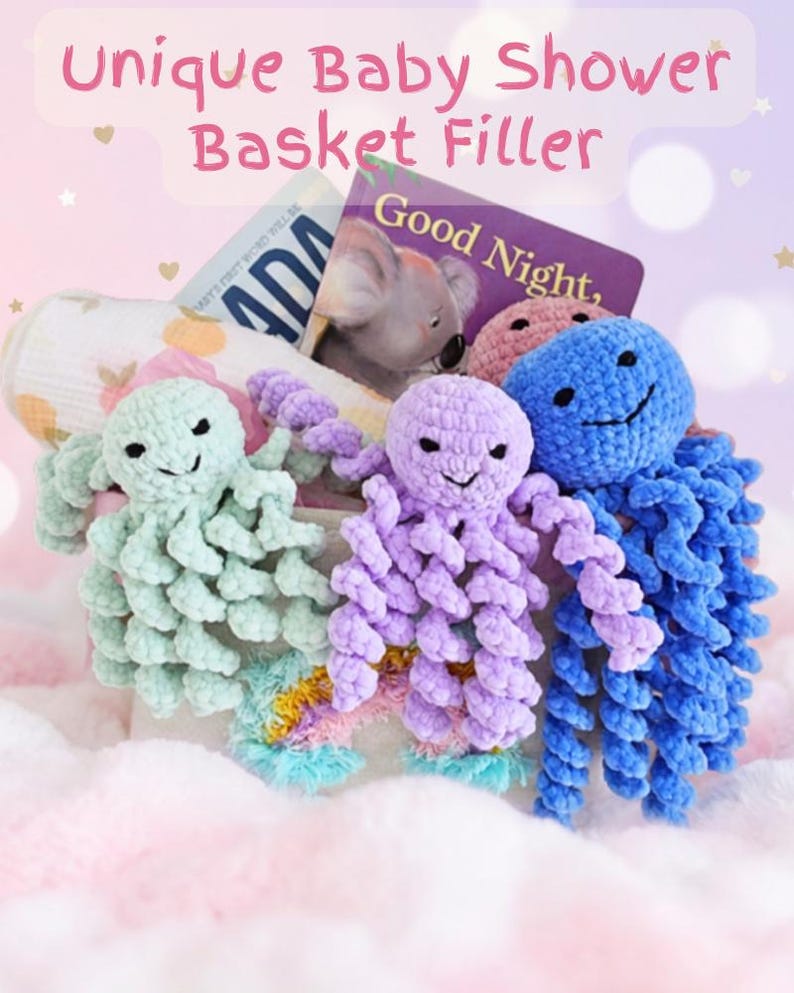 May include: A collection of three crocheted octopus toys in mint green, lavender, and blue, each with curly tentacles and embroidered faces. Behind them are a patterned swaddle blanket and a children's book titled Good Night, with text above.