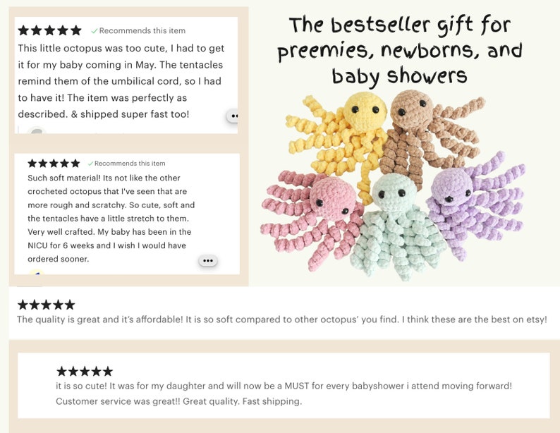 May include: Five crocheted octopus toys in yellow, brown, pink, mint green, and purple, each with eight curled tentacles and black eyes. Text reads: The bestseller gift for preemies, newborns, and baby showers. Includes customer reviews.
