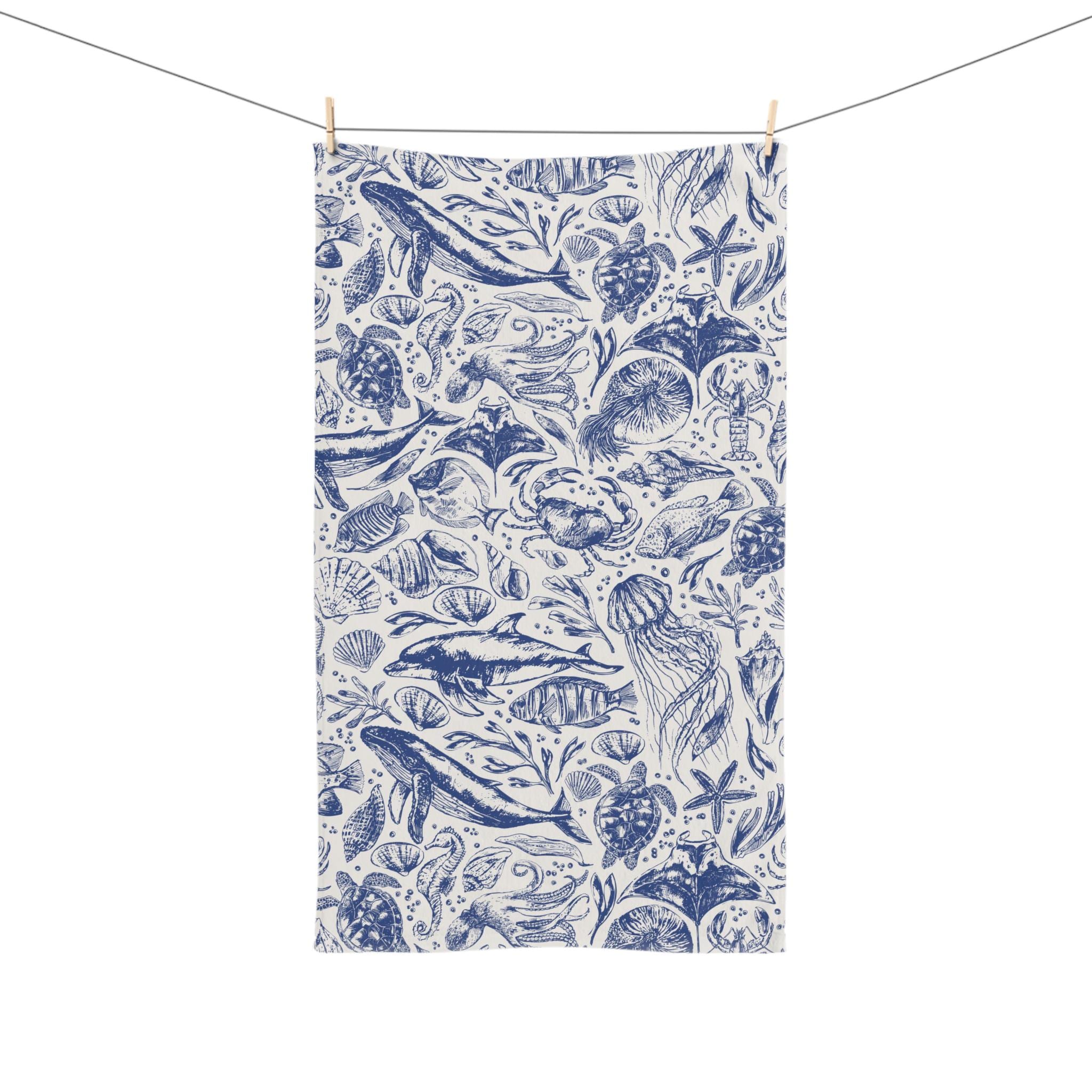 Ocean Life Hand Towel, Nautical Kitchen Towel, Beach House Decor, Marine Animal Gift, Eco-Friendly Home Textile, Vintage Sea animal Cloth