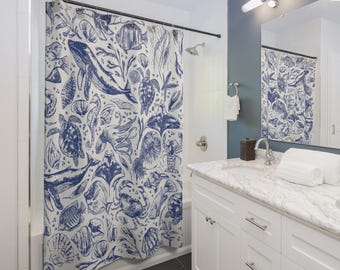 Ocean-Inspired Shower Curtain, Nautical Decor, Marine Life Shower, Bath Art, Underwater Theme, Beach House Bathroom, Sea Life Airbnb, Blue