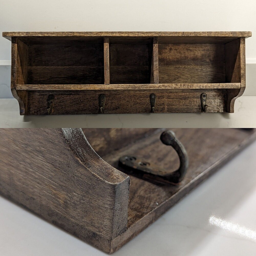 Mango Wood Wall Shelf With Storage Slots 4 Hooks Rustic Shelves Etsy