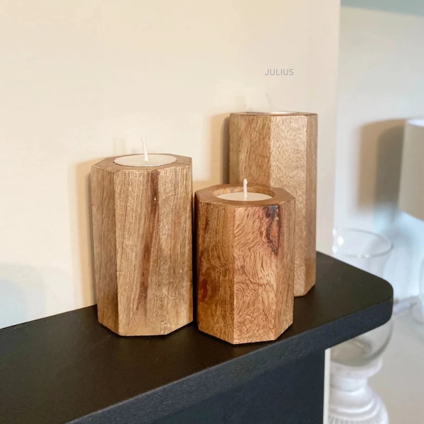 Set of Three Handmade Hexagon Tealight Holders | Candle Holder | Wooden Candle Holder