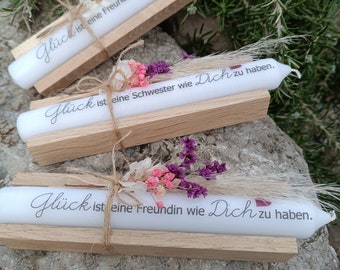 Stabkerze mit Spruch, einzeln o im Holzschiffchen, individueller Text, Geschenk Freundin, Mama, beschriftete Kerze, Geschenk für Muttertag