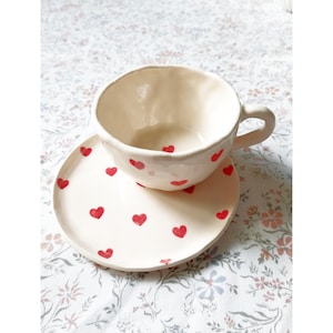 Handmade ceramic mug and plate set with hearts. Gift for her