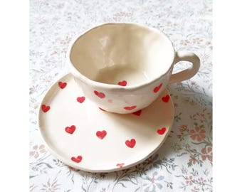 Handmade ceramic mug and plate set with hearts. Gift for her